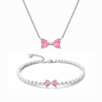 Set bijuterii Colier si Bratara Pink Bow Cu Argint