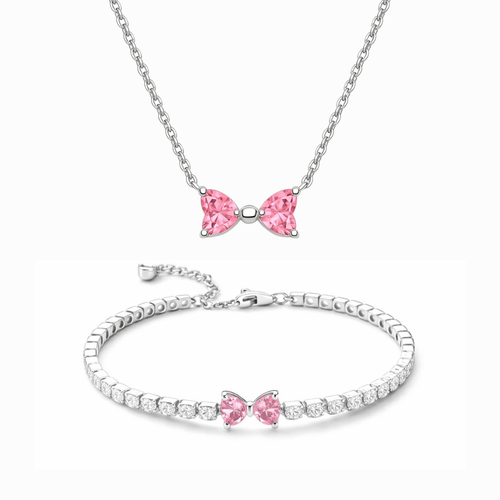 Set bijuterii Colier si Bratara Pink Bow Cu Argint