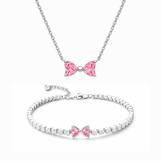 Set bijuterii Colier si Bratara Pink Bow Cu Argint