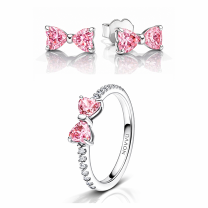 Set bijuterii Inel si Cercei Pink Bow Cu Argint