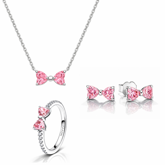 Set bijuterii Inel,Cercei si Colier Pink Bow Cu Argint