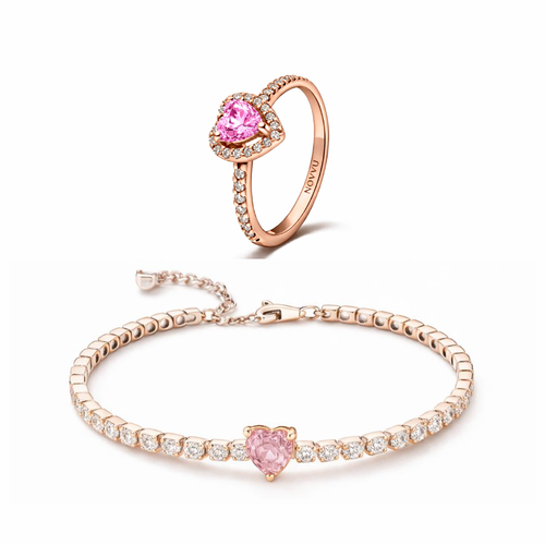 Set bijuterii Inel si Bratara Rose Pink Heart Cu Argint
