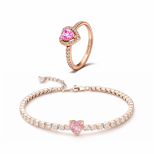 Set bijuterii Inel si Bratara Rose Pink Heart Cu Argint