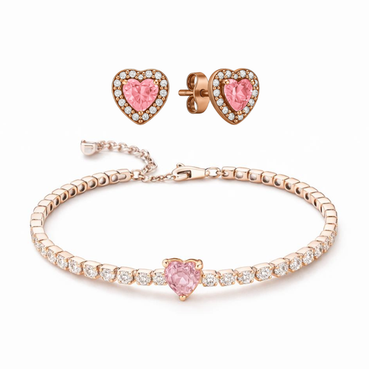 Set bijuterii Cercei si Bratara Pink Heart Rose Cu Argint