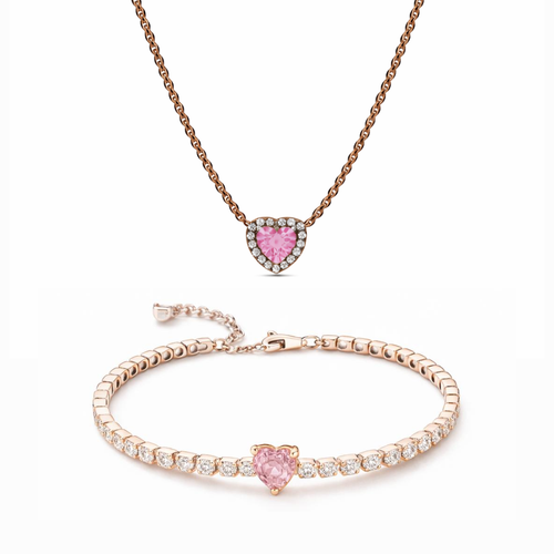 Set bijuterii Colier si Bratara Pink Heart Cu Argint