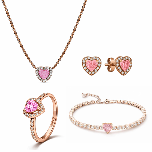 Set bijuterii Inel,Cercei,Bratara si Colier Rose Pink Heart Silver Cu Argint