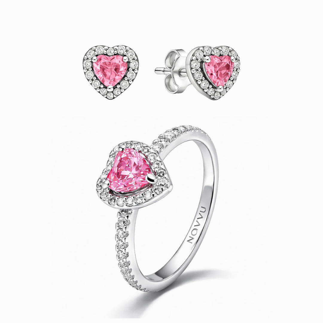 Set bijuterii Inel si Cercei Pink Heart cu Argint