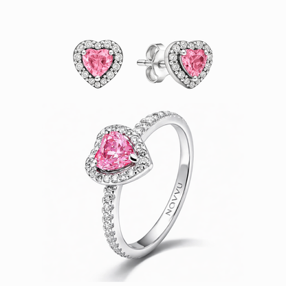 Set bijuterii Inel si Cercei Pink Heart cu Argint