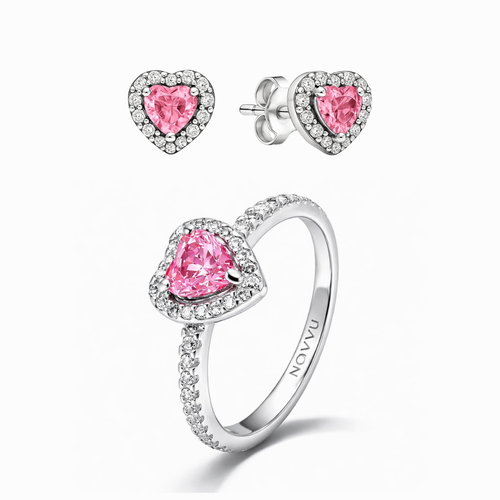 Set bijuterii Inel si Cercei Pink Heart cu Argint