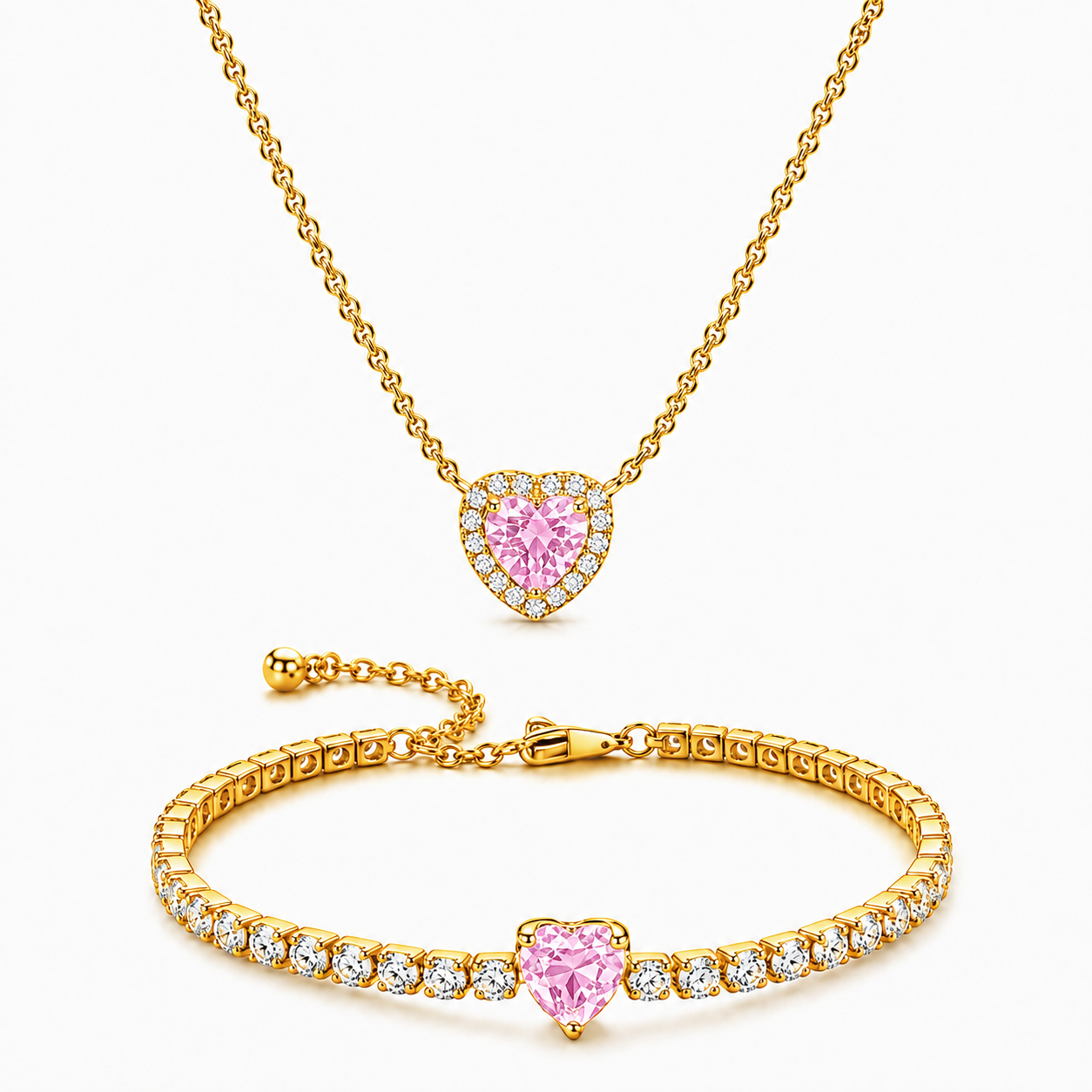 Set bijuterii Colier si Bratara Pink Heart Cu Aur
