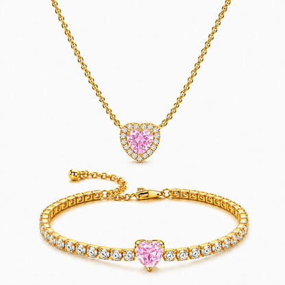 Set bijuterii Colier si Bratara Pink Heart Cu Aur