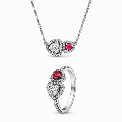 Set bijuterii Inel si Colier Dublu Heart cu Argint