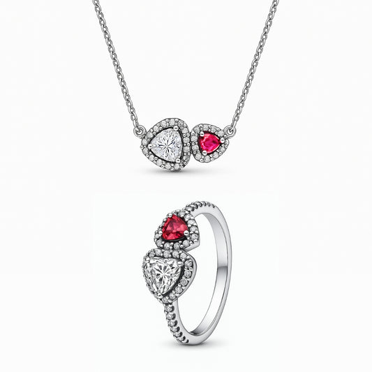 Set bijuterii Inel si Colier Dublu Heart cu Argint