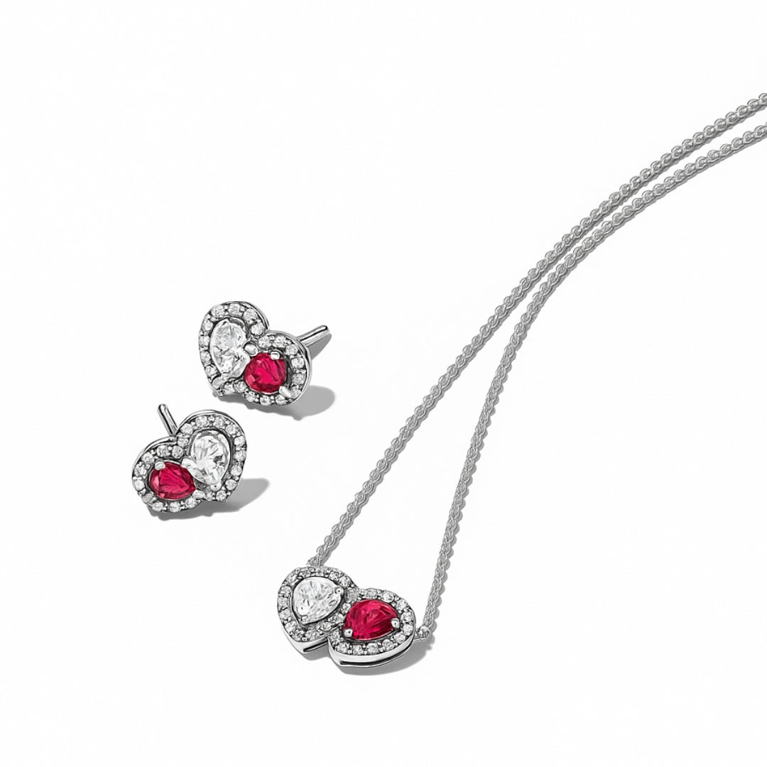 Set bijuterii Cercei si Colier Dublu Heart cu Argint