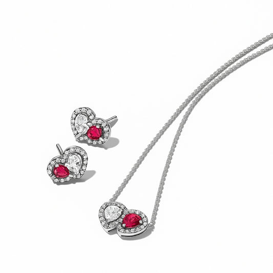 Set bijuterii Cercei si Colier Dublu Heart cu Argint