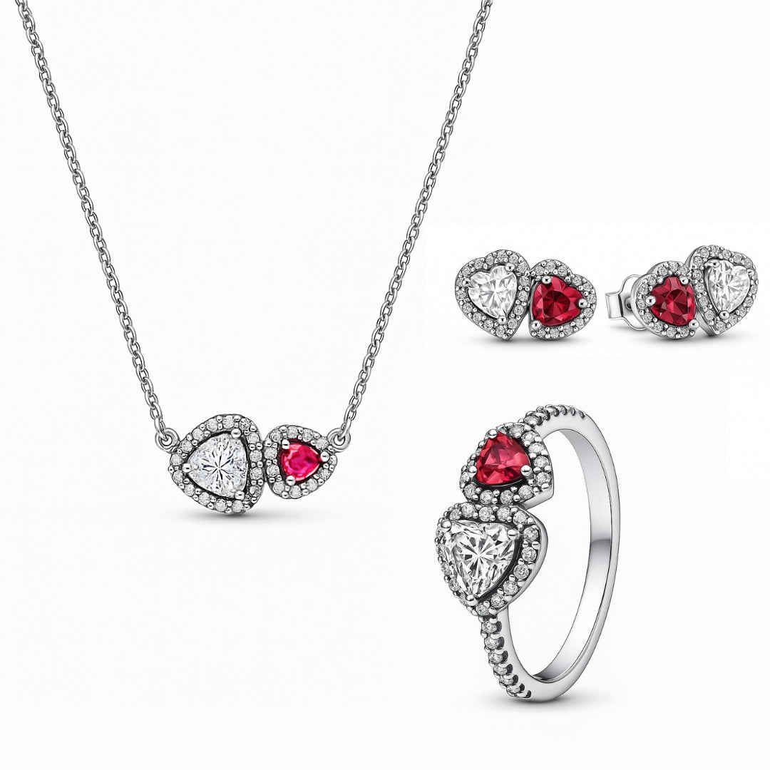 Set bijuterii Inel,Cercei si Colier Dublu Heart cu Argint