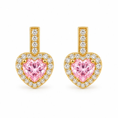 Cercei Big Pink Heart Placati cu Aur 18k