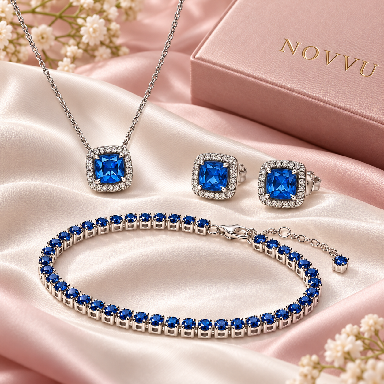 Set Blue Silver Trio: colier, brățară Navy Blue și cercei pe satin roz