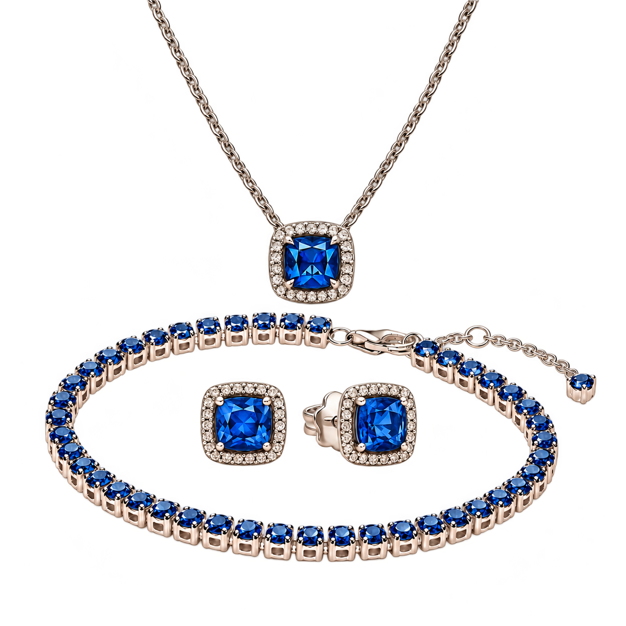 Set Blue Silver Trio: colier Blue Silver, brățară Tennis Navy Blue și cercei Blue Silver