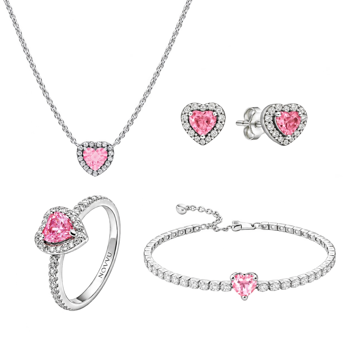Set bijuterii Inel,Cercei,Bratara si Colier Pink Heart Cu Argint