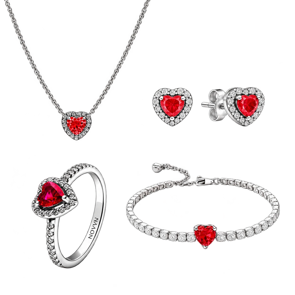 Set bijuterii Inel,Cercei,Bratara si Colier Red Heart Cu Argint