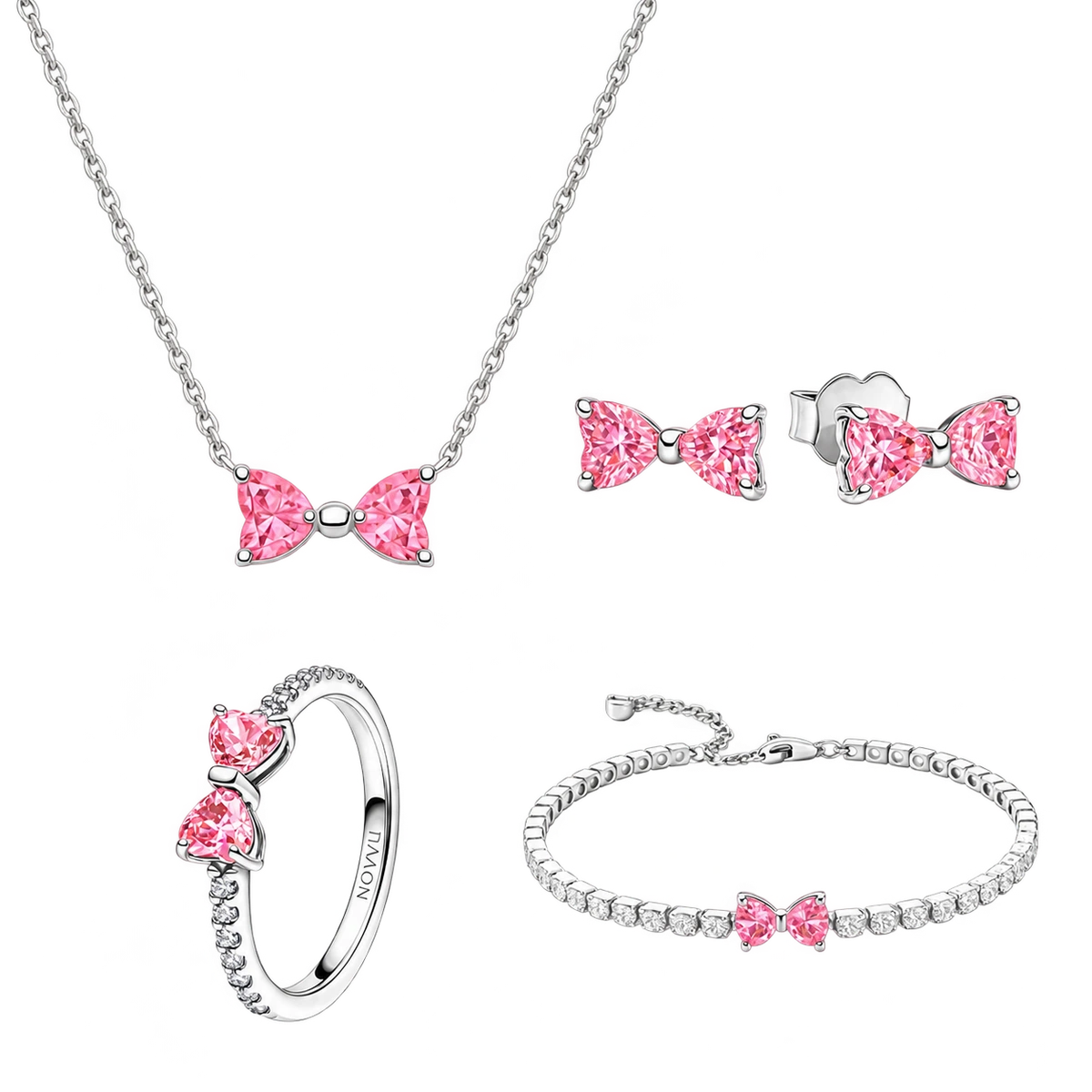 Set bijuterii Inel,Cercei,Bratara si Colier Pink Bow Cu Argint