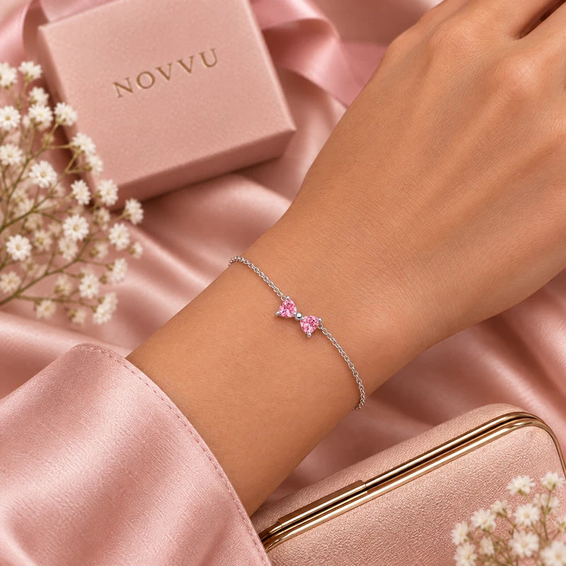 Set bijuterii Inel,Cercei,Bratara si Colier Pink Bow Cu Argint