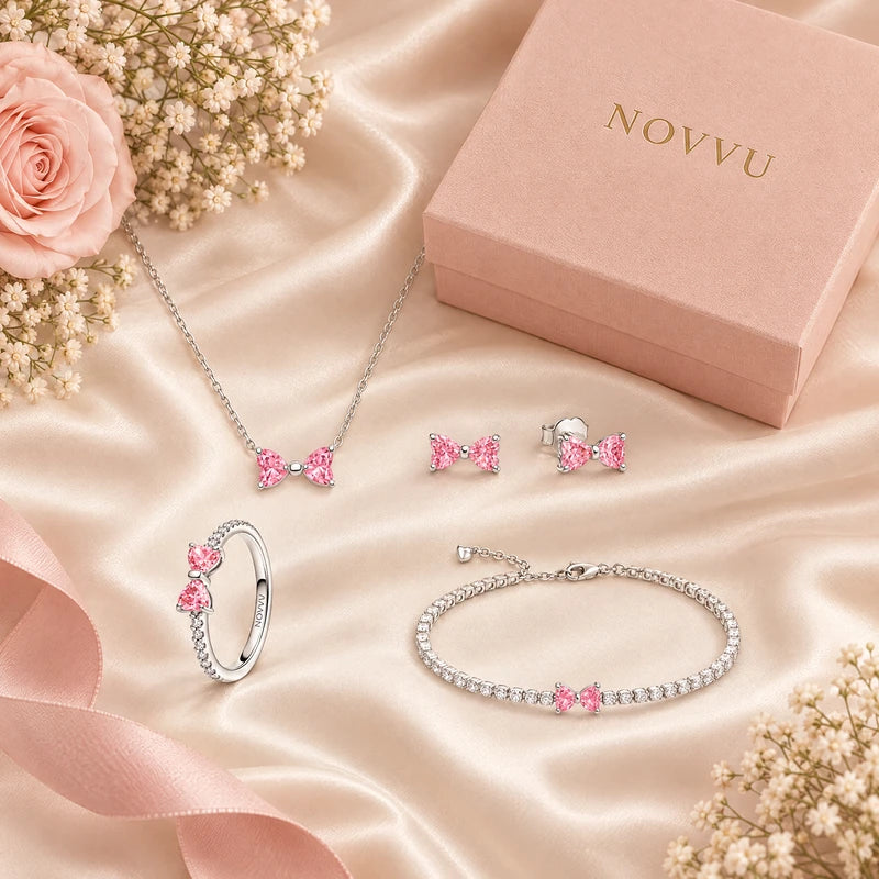 Set bijuterii Inel,Cercei,Bratara si Colier Pink Bow Cu Argint