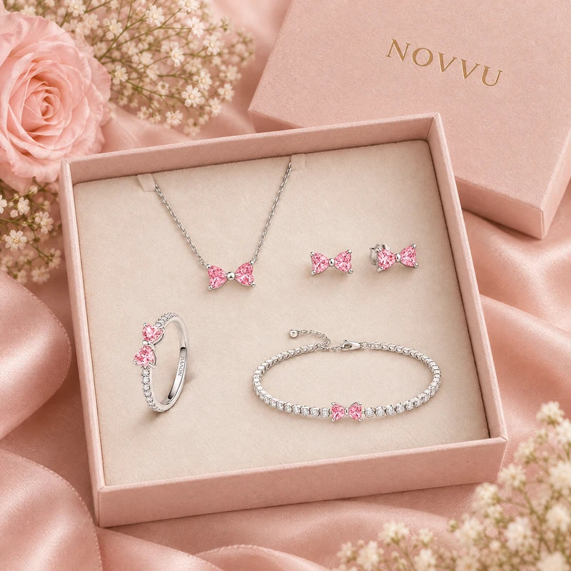 4. Set complet — Set bijuterii Inel,Cercei,Bratara si Colier Pink Bow Cu Argint