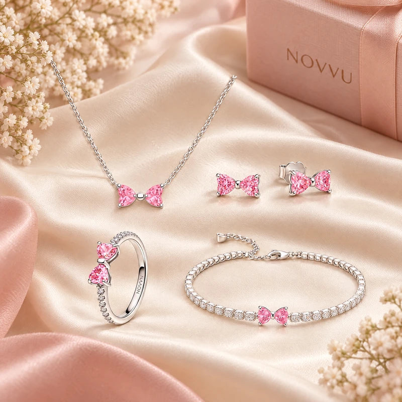 Set bijuterii Inel,Cercei,Bratara si Colier Pink Bow Cu Argint