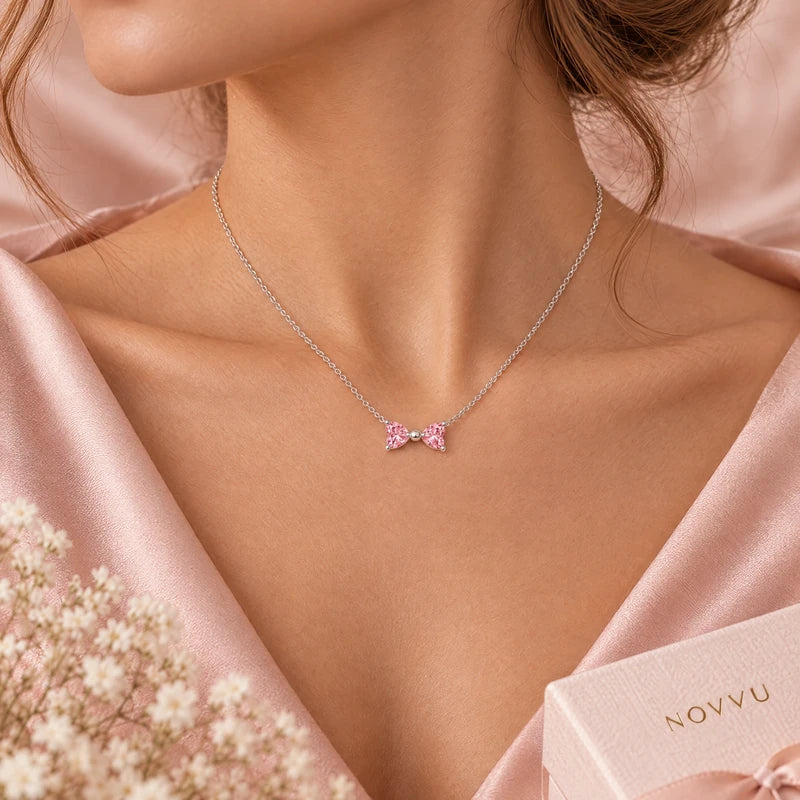 Set bijuterii Inel,Cercei,Bratara si Colier Pink Bow Cu Argint