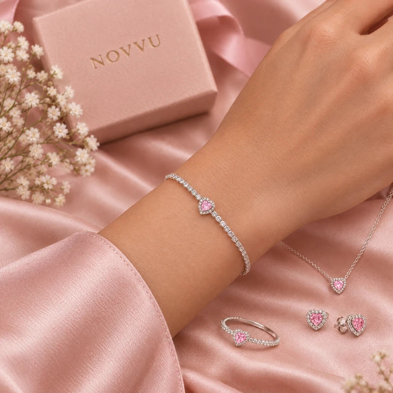 Set bijuterii Inel,Cercei,Bratara si Colier Pink Heart Cu Argint