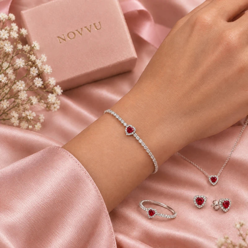 Set bijuterii Inel,Cercei,Bratara si Colier Red Heart Cu Argint