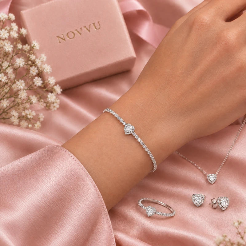 Set bijuterii Inel,Cercei,Bratara si Colier White Heart Cu Argint
