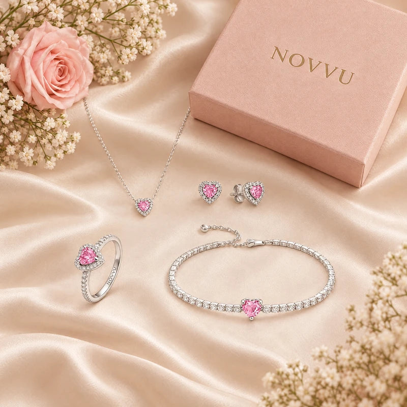 Set bijuterii Inel,Cercei,Bratara si Colier Pink Heart Cu Argint