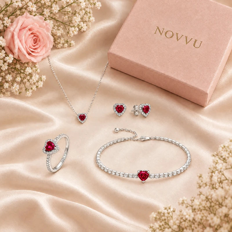 Set bijuterii Inel,Cercei,Bratara si Colier Red Heart Cu Argint