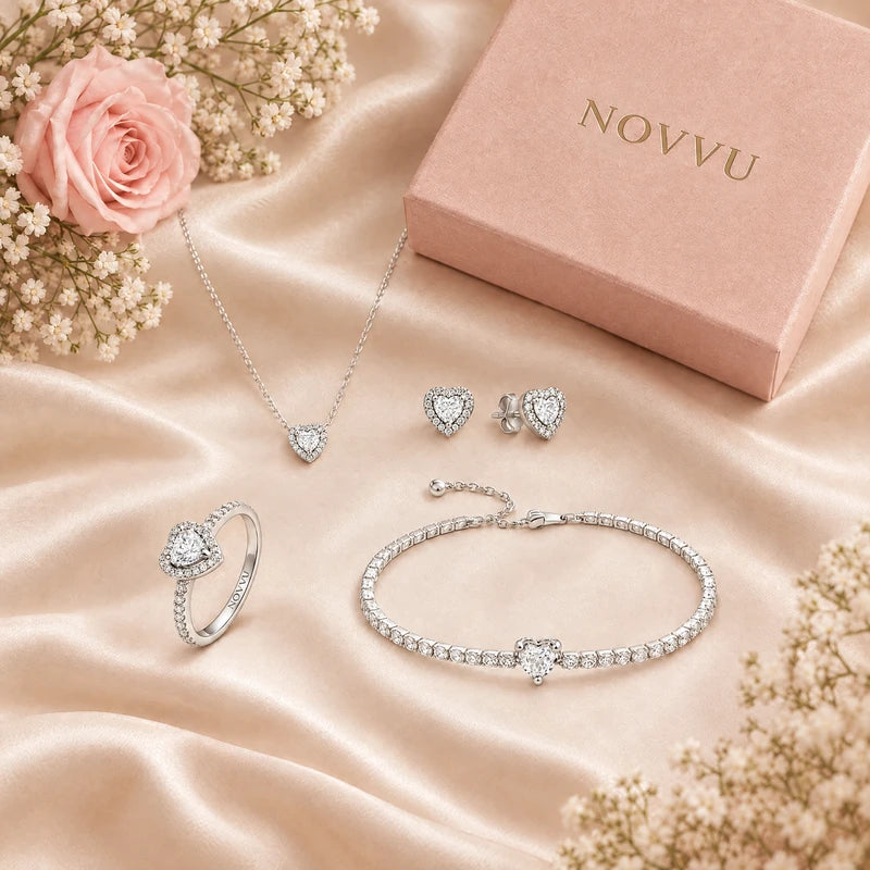 Set bijuterii Inel,Cercei,Bratara si Colier White Heart Cu Argint