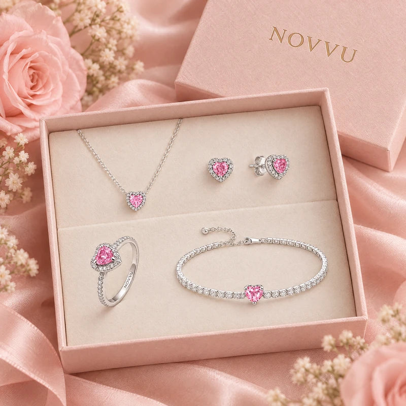 4. Set complet — Set bijuterii Inel,Cercei,Bratara si Colier Pink Heart Cu Argint
