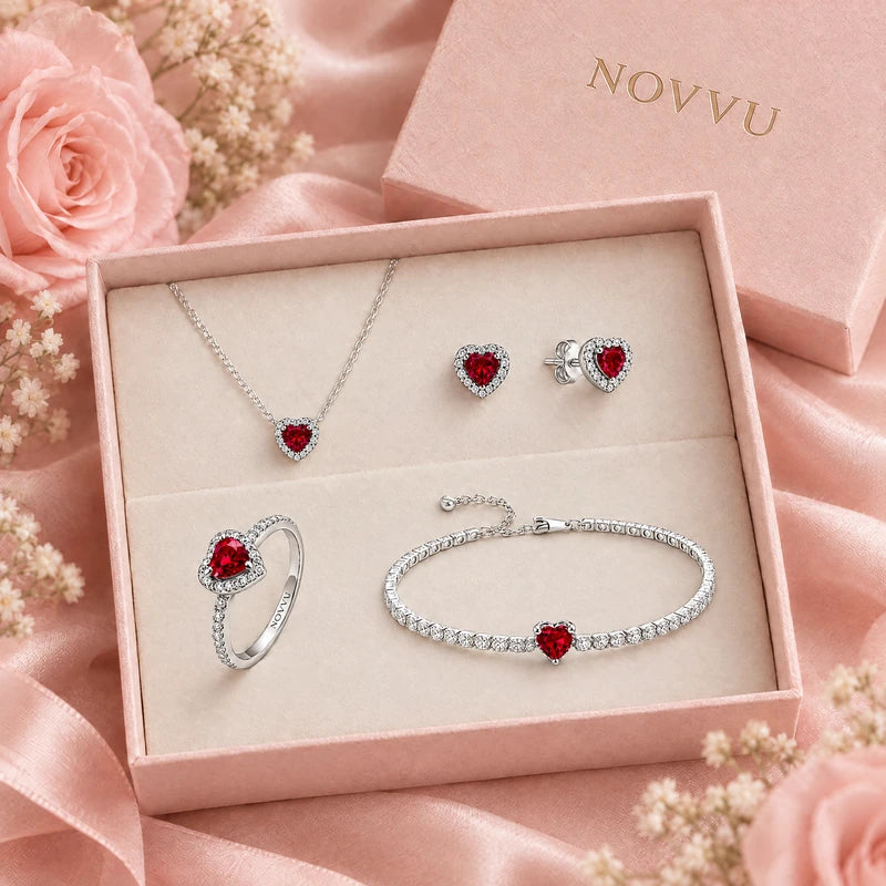 4. Set complet — Set bijuterii Inel,Cercei,Bratara si Colier Red Heart Cu Argint