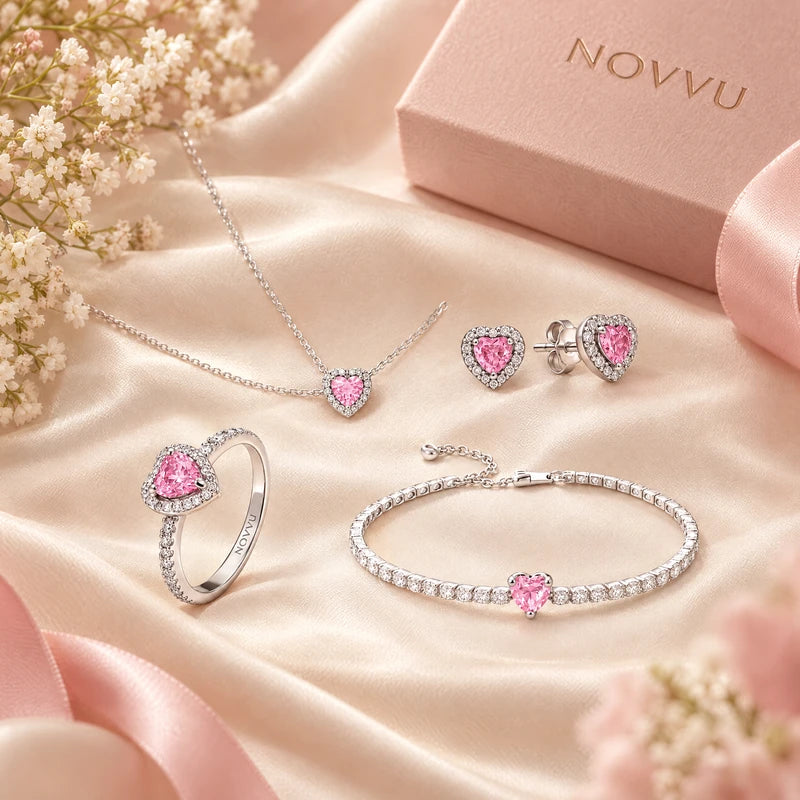 Set bijuterii Inel,Cercei,Bratara si Colier Pink Heart Cu Argint