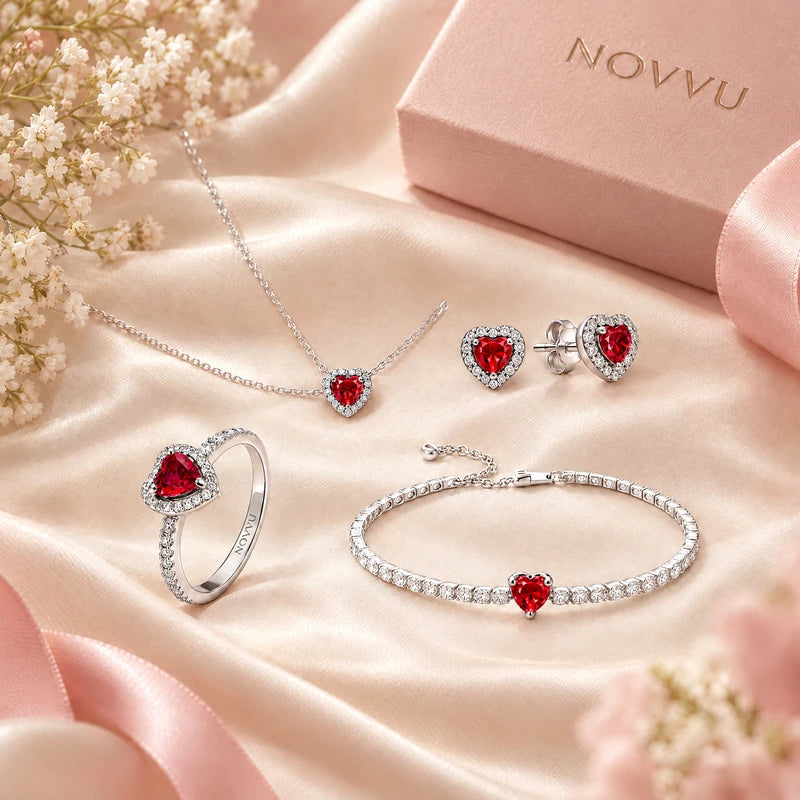 Set bijuterii Inel,Cercei,Bratara si Colier Red Heart Cu Argint