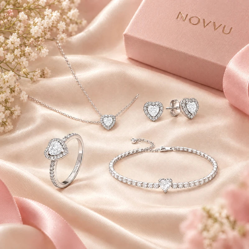 Set bijuterii Inel,Cercei,Bratara si Colier White Heart Cu Argint
