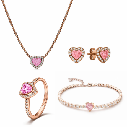 Set bijuterii Inel,Cercei,Bratara si Colier Rose Pink Heart Silver