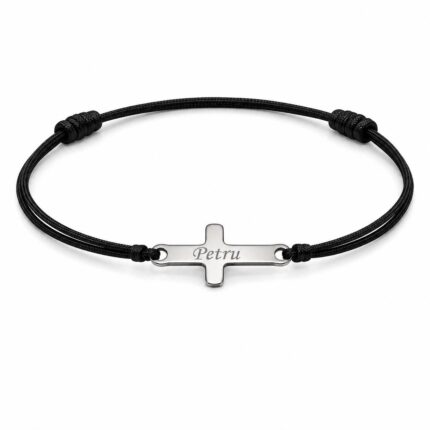 Bratara Neagră Personalizata Cruce Nume cu Argint